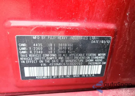 2013 Subaru Legacy 2.5I Premium z USA, uszkodzony, nr VIN 4S3BMBC67D3032702